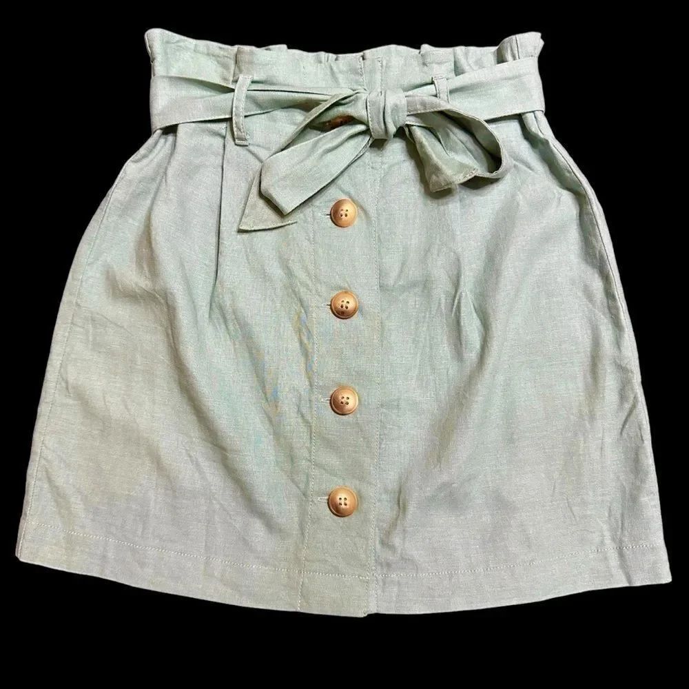 Topshop Pale Mint Green Linen Paper Bag Button up Mini Skirt US Size 2